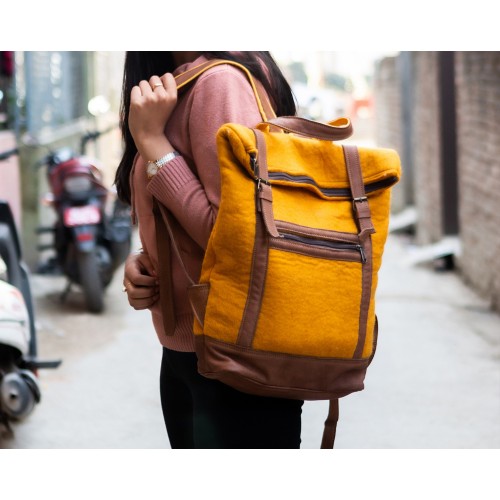 Handmade Wool Felt Backpack with Leather Strap - Felt and Yarn