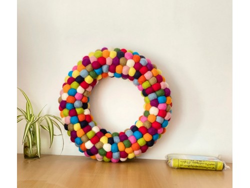 Handmade multicolored felt ball wreath
