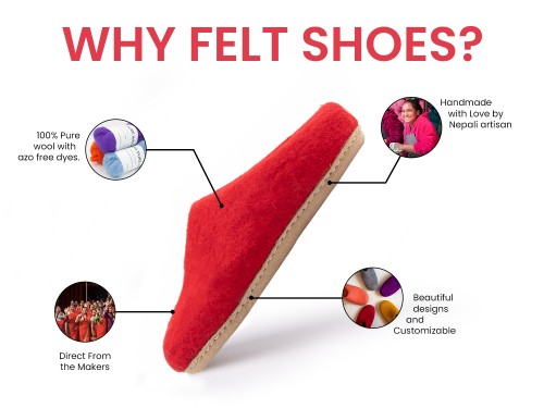 Red 100% Wool Felt Slippers