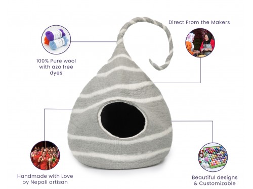 Felt Gray Tendril Striped Cat House Features