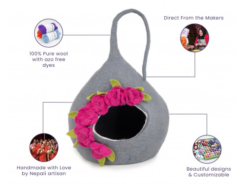 Wool Felted Cat House with Flowers