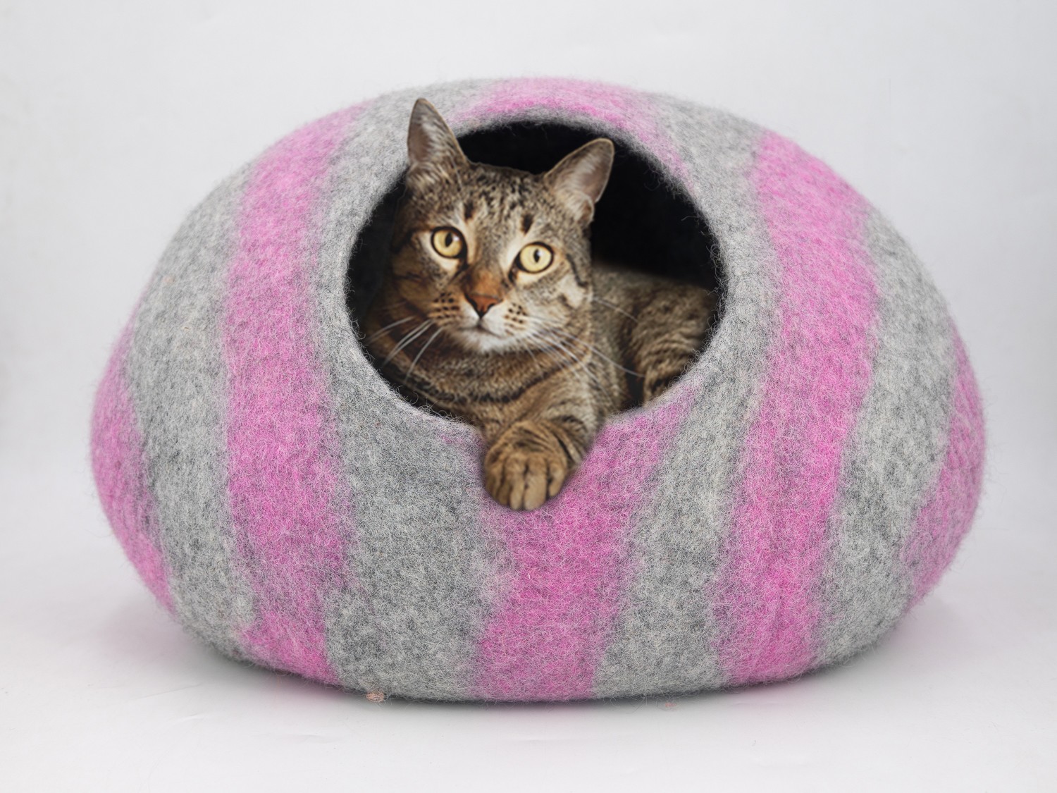 Grey and Pink Striped Felt Cat House