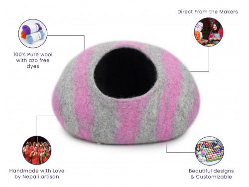 Grey and Pink Striped Felt Cat House