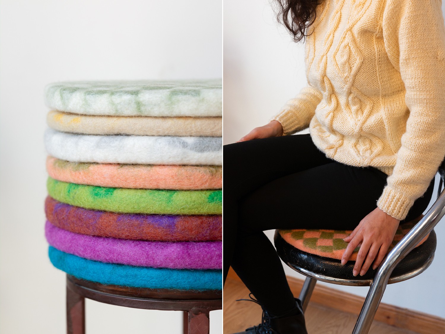 Wool Felted Round Thick Chair Seat Pads - Felt and Yarn