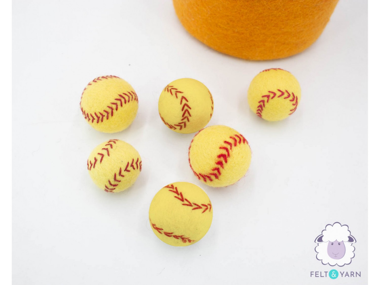 3cm, 4cm, 6cm Yellow Felt Baseball - Felt & Yarn