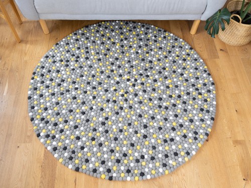 Gray, White, Black & Yellow Mixed 
 Felt Ball Rug