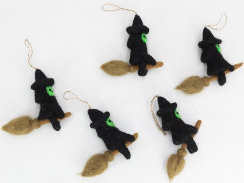 Handcrafted Scary Felt Witch with Broom - Felt and Yarn