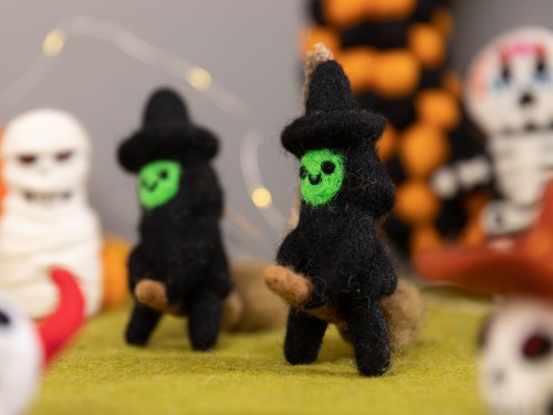 11cm Handcrafted Scary Felt Witch with Broom