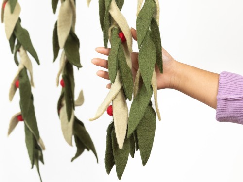 6ft Multi Green Leaf Garland with Red Pom Poms