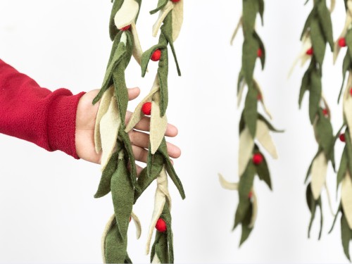 6ft Multi Green Leaf Garland with Red Pom Poms