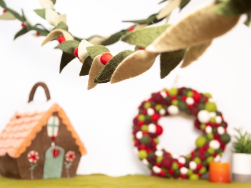 6ft Multi Green Leaf Garland with Red Pom Poms