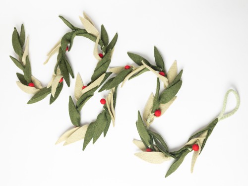 6ft Multi Green Leaf Garland with Red Pom Poms