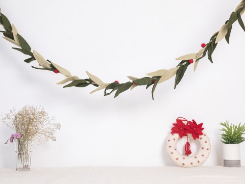 6ft Multi Green Leaf Garland with Red Pom Poms