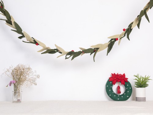 6ft Multi Green Leaf Garland with Red Pom Poms