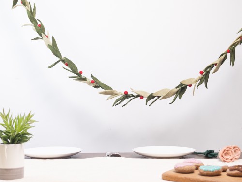 6ft Multi Green Leaf Garland with Red Pom Poms