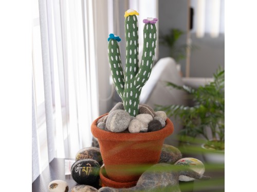 Felt Cactus with Pot and Pebbles, Tibetan Mantra Scripted Pebbles