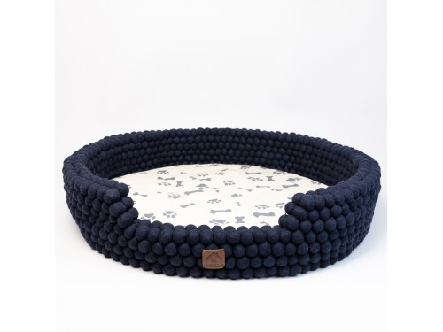 Navy Blue Felt Ball Dog Bed – Handmade Wool