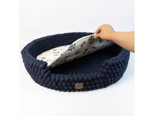 Navy Blue Felt Ball Dog Bed – Handmade Wool