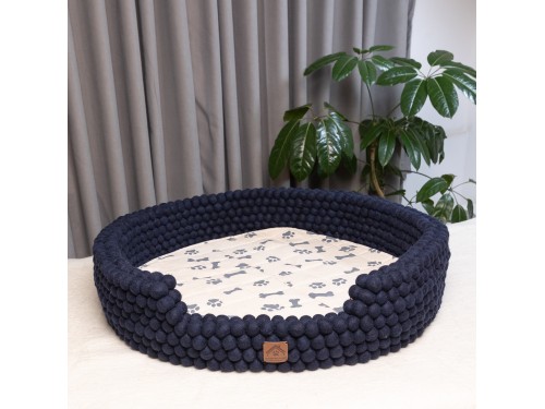 Navy Blue Felt Ball Dog Bed – Handmade Wool