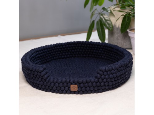 Navy Blue Felt Ball Dog Bed – Handmade Wool