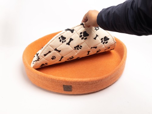 Orange Felt Dog Bed with Removable Paw Cushion
