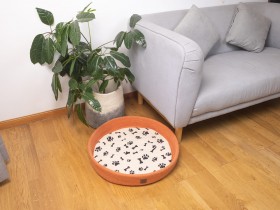 Orange Felt Dog Bed with Removable Paw Cushion - Felt and Yarn