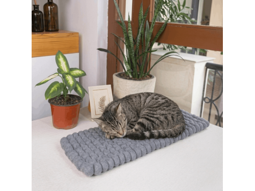 Handmade wool felt ball cat mat used inside home interior