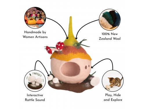 Mushroom Wool Felt Cat Cave with Rattle Mushrooms
