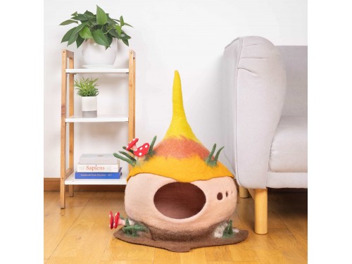 Mushroom Wool Felt Cat Cave with Forest Floor Base