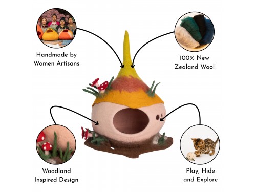 Mushroom Wool Felt Cat Cave with Forest Floor Base