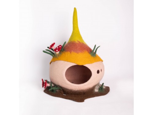 Mushroom Wool Felt Cat Cave with Forest Floor Base - Felt and Yarn