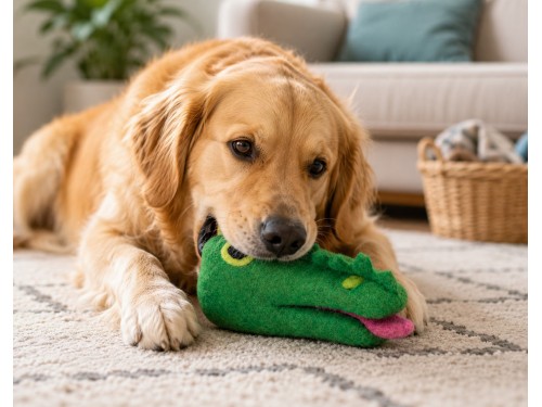 Product image of wool felt alligator dog chew toy lifestyle image landscape
