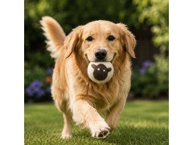 Dog Holding Wholesale Wool Felt Dog Ball Toy on mouth.
