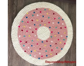 Pink Donut Felt Ball Rug with Cream Border and Sprinkles