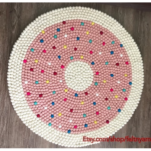 Pink Donut Felt Ball Rug with Cream Border and Sprinkles