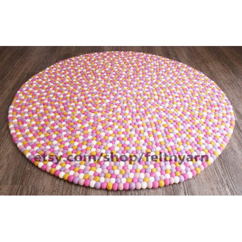 Pinkish Yellow Colored Felt Ball Rug