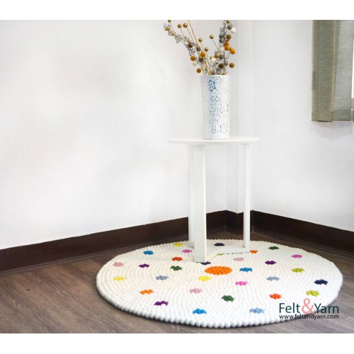 White Felt Ball Round Rug with Flower Design