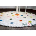 White Felt Ball Round Rug with Flower Design