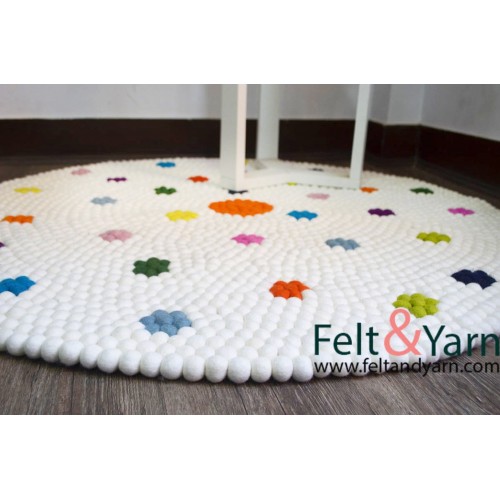 White Felt Ball Round Rug with Flower Design