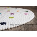 White Felt Ball Round Rug with Flower Design