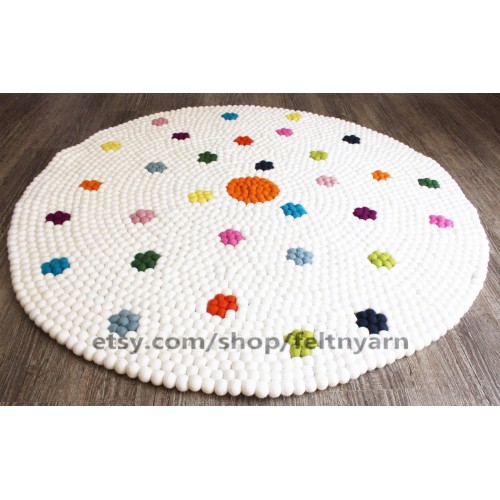 White Felt Ball Round Rug with Flower Design