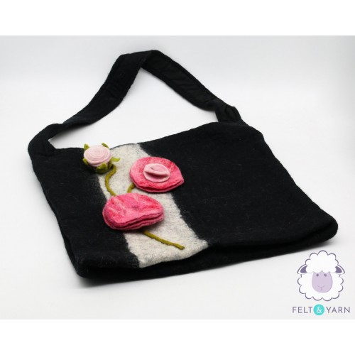Felt Black Hand Bag with Floral Detailing - Felt and Yarn