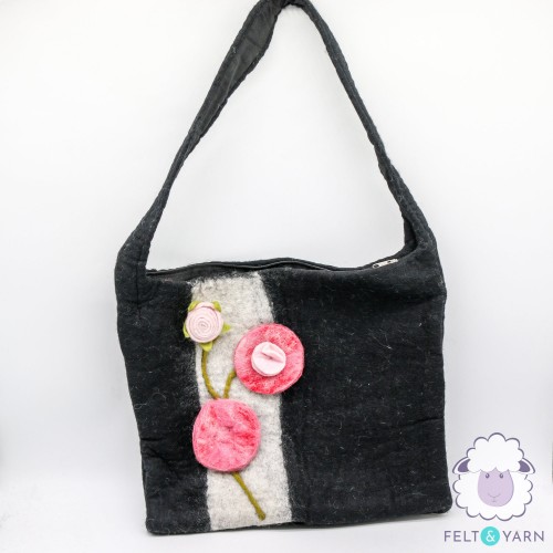 Felt Black Hand Bag with Floral Detailing