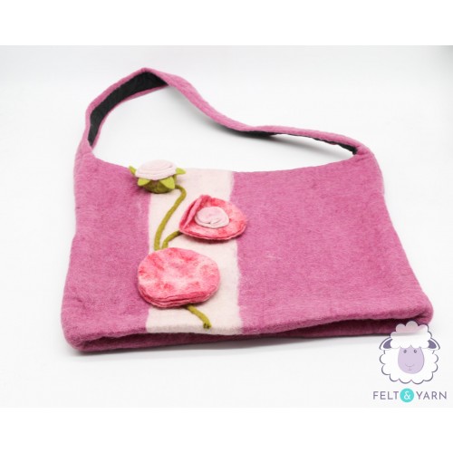 Felt Pink Shoulder Bag with Flower Design - Felt and Yarn