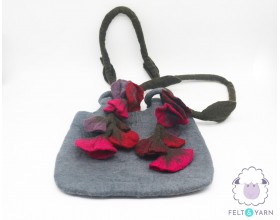 Grey Felt Bag with Flowers Handle - Felt and Yarn