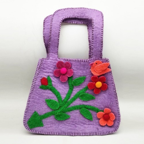 Felt Purple Hand Bag with Floral Accent - Felt and Yarn
