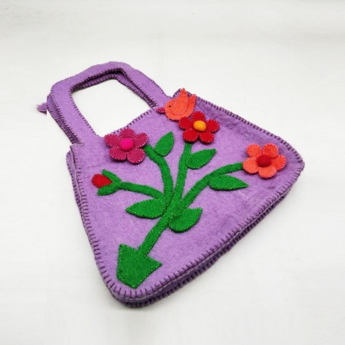 Felt Purple Hand Bag with Floral Accent