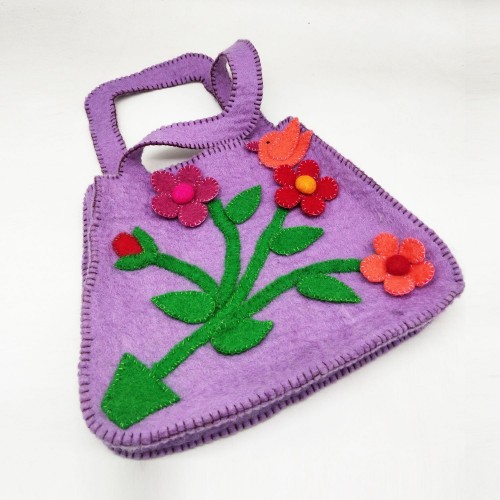 Felt Purple Hand Bag with Floral Accent