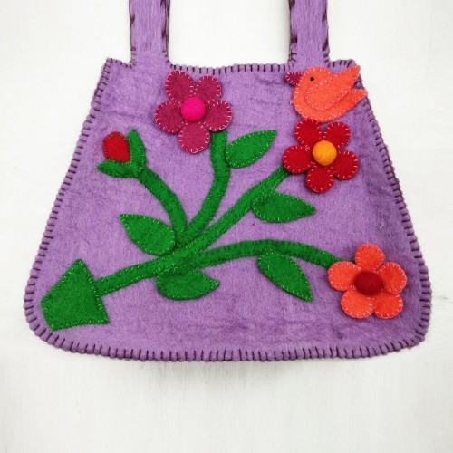 Felt Purple Hand Bag with Floral Accent