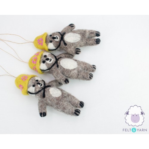 Felt Sloth Ornament Wearing Yellow Hat